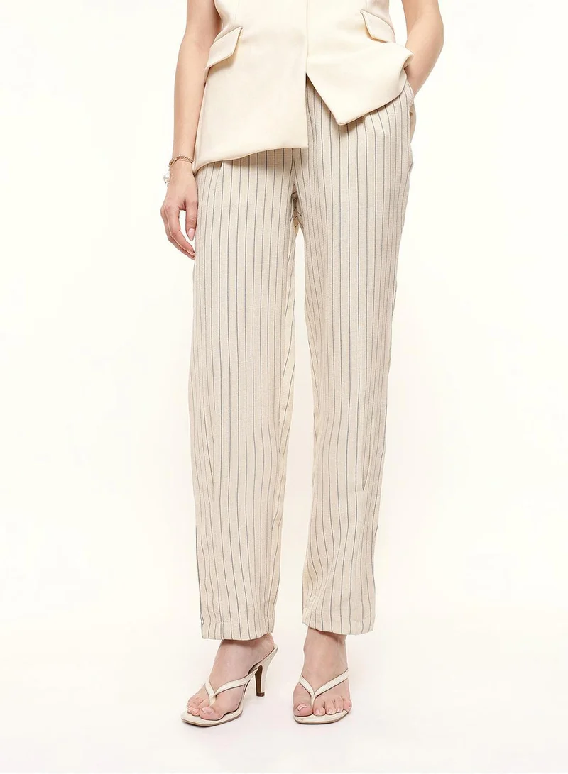 Dennis Lingo  Beige Poly Striped Ankle Length Chinos Straight Fit Trouser For Women for Women | Best Price UAE