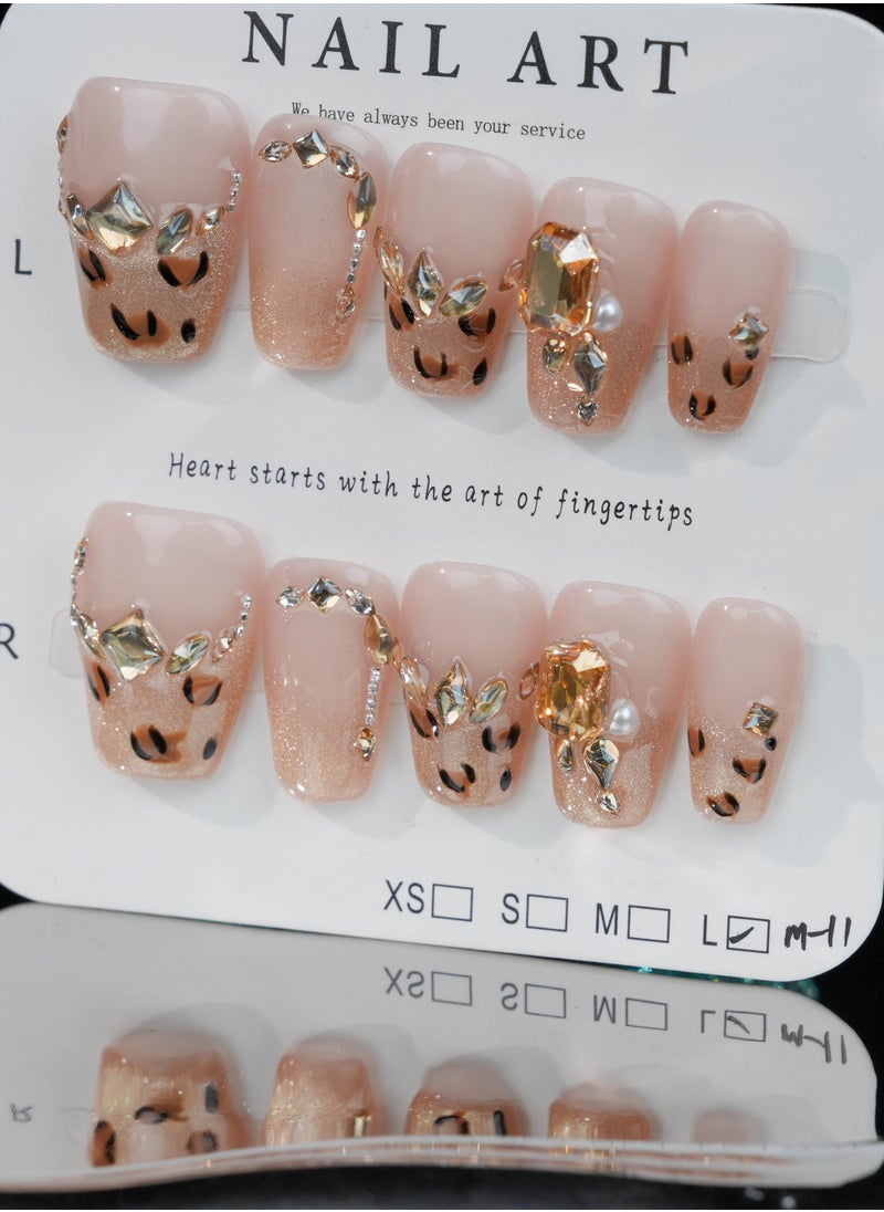 SC Nails Luxurious Leopard Glitter Press-On Nails – Nude and Gold with Rhinestone Accents  - Image 4