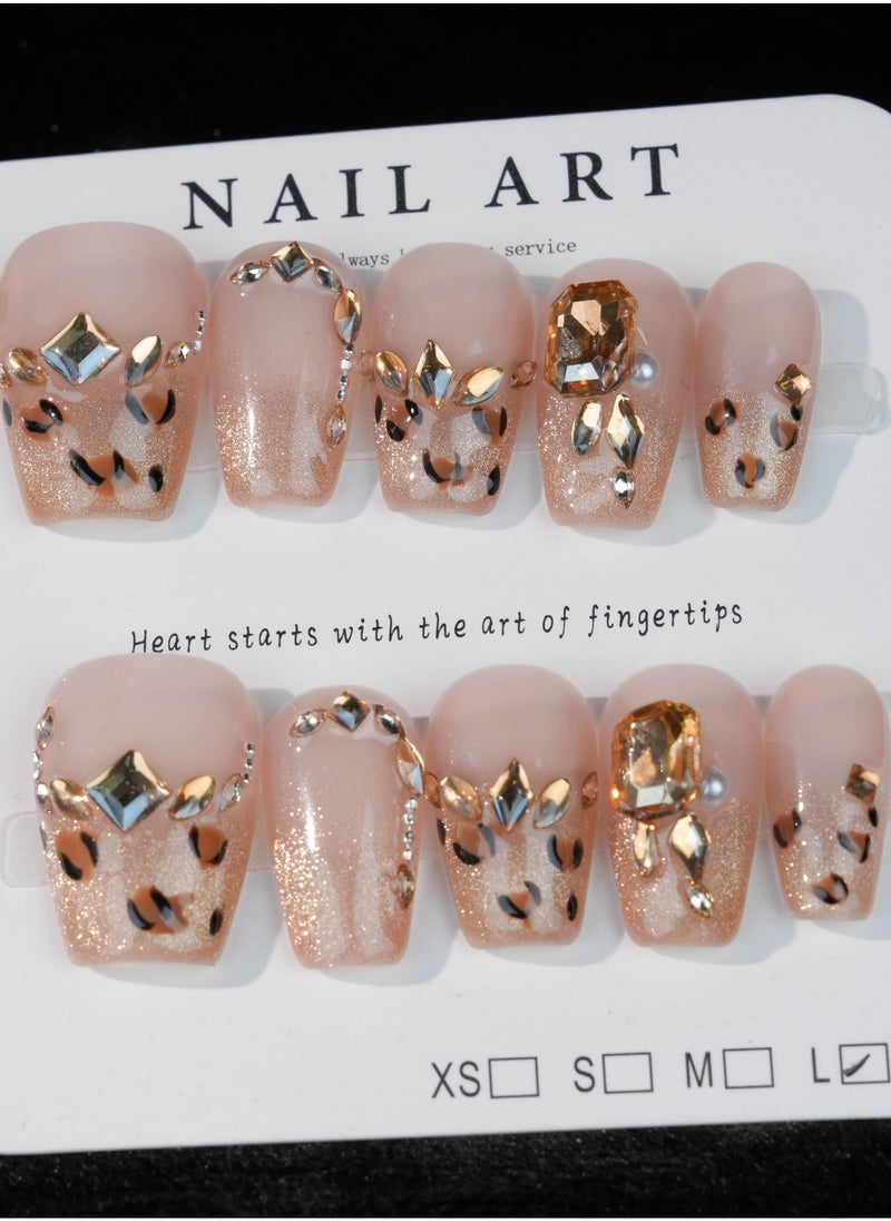 SC Nails Luxurious Leopard Glitter Press-On Nails – Nude and Gold with Rhinestone Accents  - Image 1