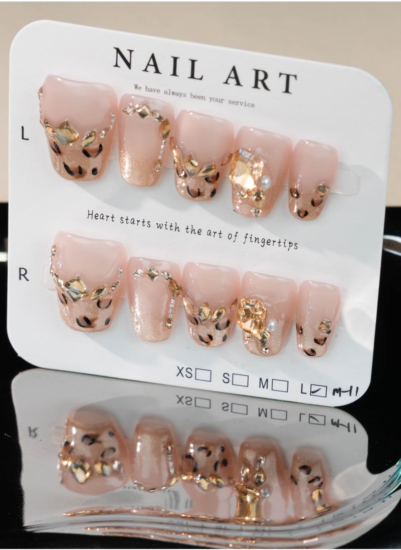 SC Nails Luxurious Leopard Glitter Press-On Nails – Nude and Gold with Rhinestone Accents  - Image 2