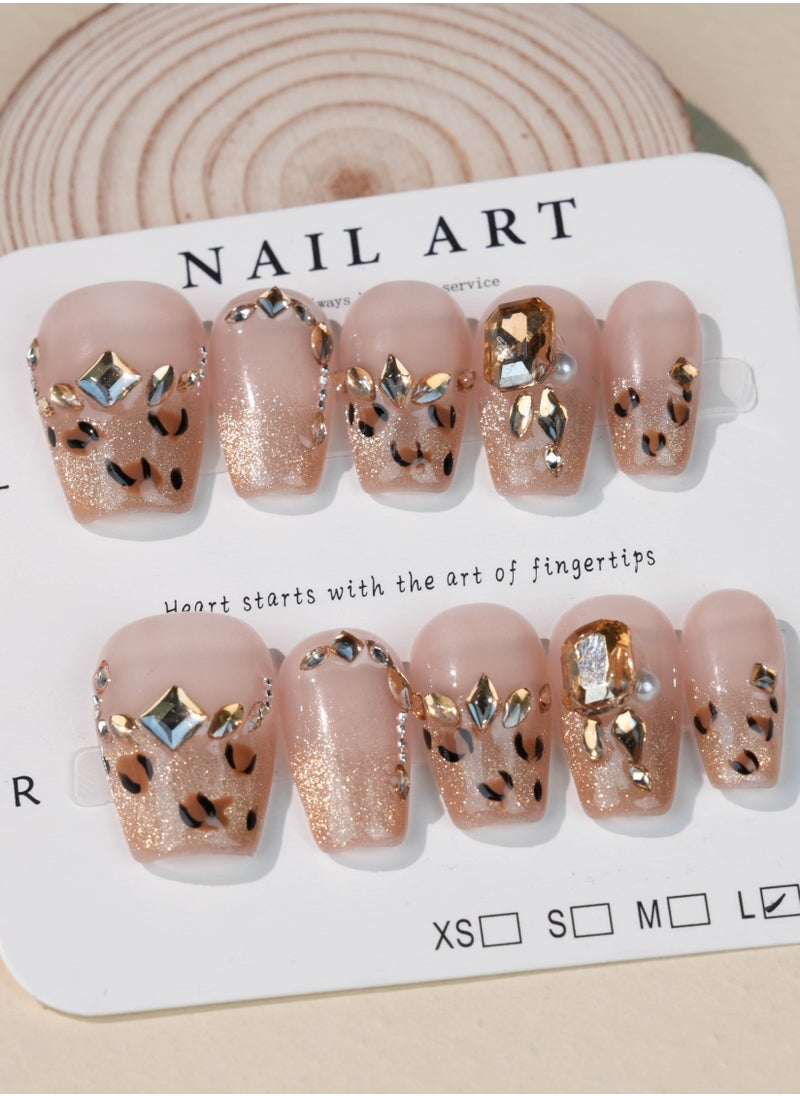 SC Nails Luxurious Leopard Glitter Press-On Nails – Nude and Gold with Rhinestone Accents  - Image 3