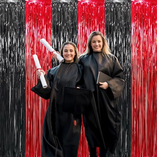 GOER 6.4 ft x 8.2 ft Metallic Tinsel Foil Fringe Curtains,Pack of 2 Party Streamer Backdrop for Birthday,Graduation Decorations and New Year Eve (Black&Red) - Image 2