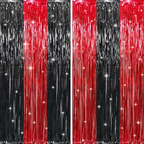 GOER 6.4 ft x 8.2 ft Metallic Tinsel Foil Fringe Curtains,Pack of 2 Party Streamer Backdrop for Birthday,Graduation Decorations and New Year Eve (Black&Red) - Image 1