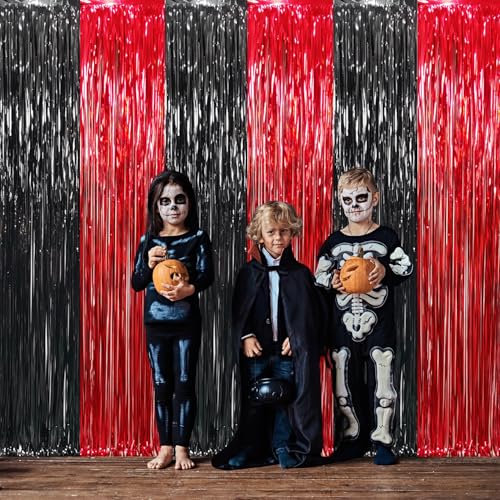 GOER 6.4 ft x 8.2 ft Metallic Tinsel Foil Fringe Curtains,Pack of 2 Party Streamer Backdrop for Birthday,Graduation Decorations and New Year Eve (Black&Red) - Image 5