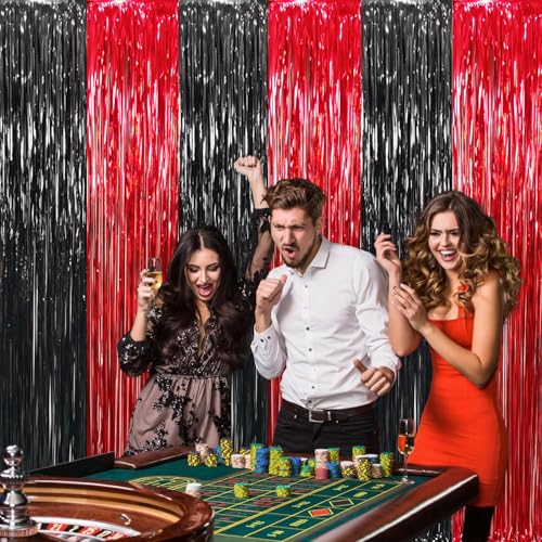 GOER 6.4 ft x 8.2 ft Metallic Tinsel Foil Fringe Curtains,Pack of 2 Party Streamer Backdrop for Birthday,Graduation Decorations and New Year Eve (Black&Red) - Image 3