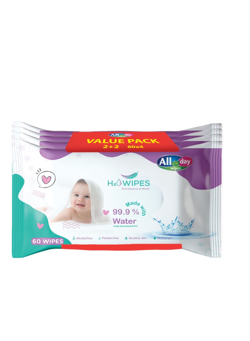 All day wipes All Day H2O Wet Wipes 99% Water & Aloe Vera Extract Pure Essence-60 Count : Made with 99.9% Pure Water and Enriched with Soothing Aloe Vera to Calm and Hydrate the Skin. ( Pack of 4 ) - Image 1
