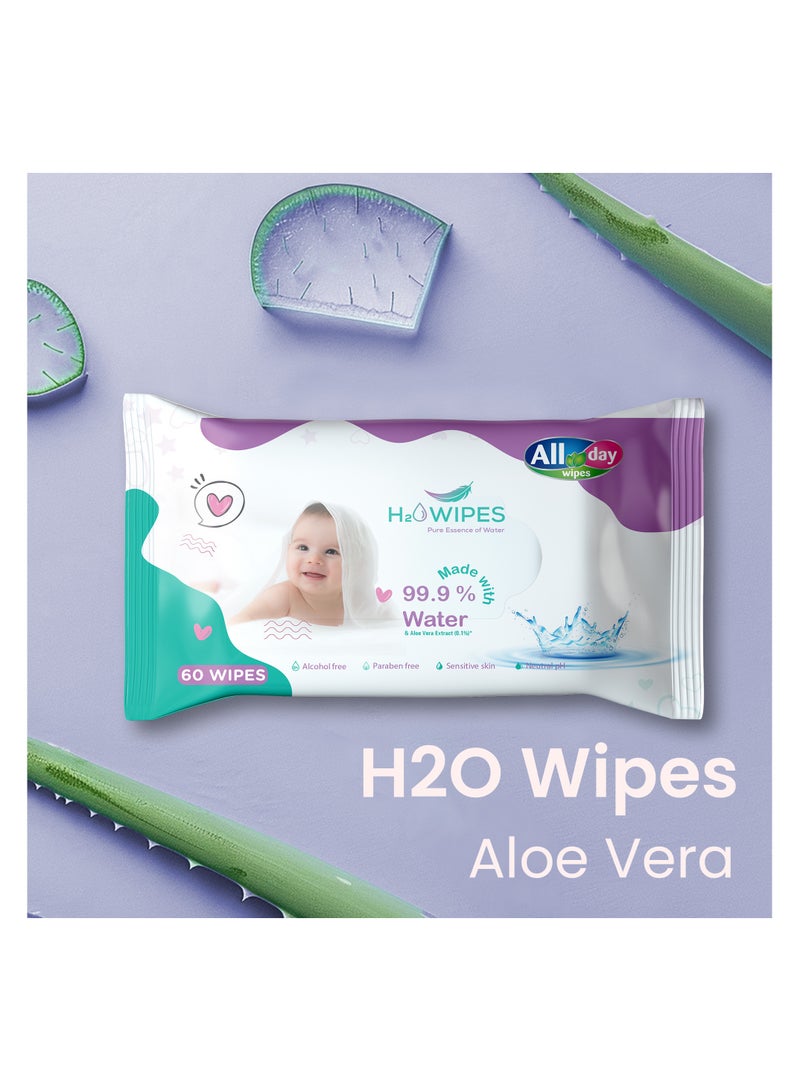 All day wipes All Day H2O Wet Wipes 99% Water & Aloe Vera Extract Pure Essence-60 Count : Made with 99.9% Pure Water and Enriched with Soothing Aloe Vera to Calm and Hydrate the Skin. ( Pack of 4 ) - Image 5