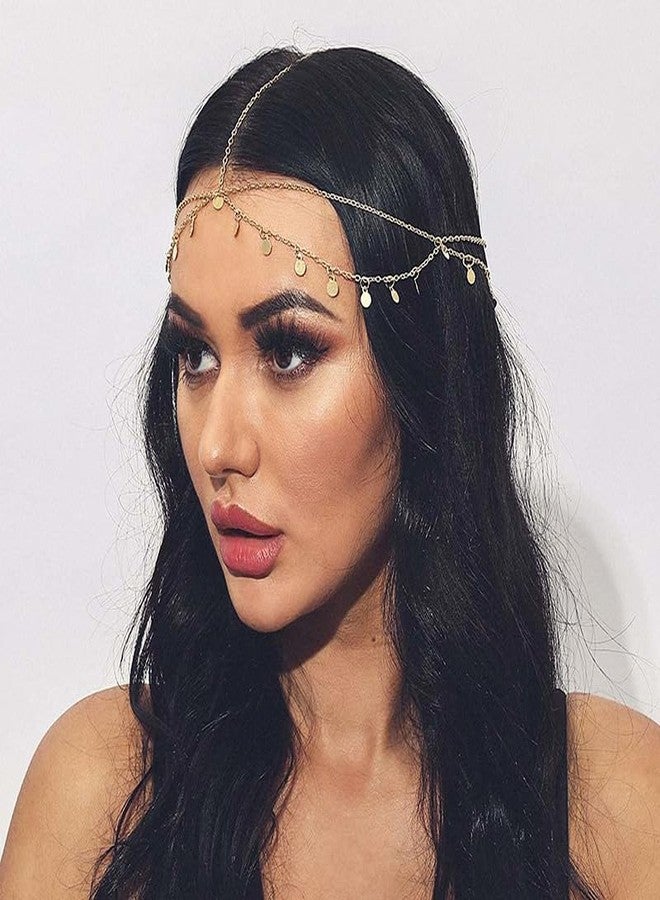 TUCEWP Boho Gold Sequin Head Chain Egyptian Forehead Hair Jewelry Bohemian Coins Disc Headpiece Bridal Layered Hair Chain Festival Halloween Prom Costume Cosplay Hair Accessories for Women Girls - Image 1