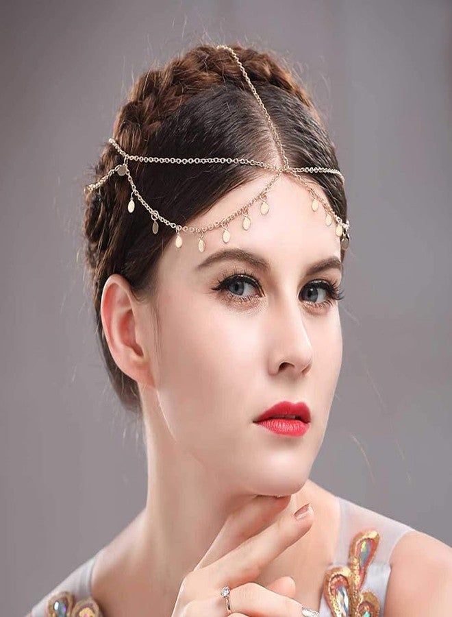 TUCEWP Boho Gold Sequin Head Chain Egyptian Forehead Hair Jewelry Bohemian Coins Disc Headpiece Bridal Layered Hair Chain Festival Halloween Prom Costume Cosplay Hair Accessories for Women Girls - Image 2