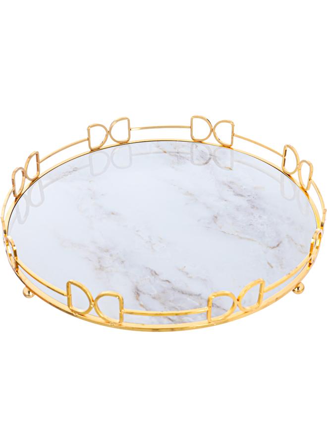 السيف  صينية تقديم من الفولاذ بحواف ذهبية مقاس 40 × 40 × 4 سم، رخامية بيضاء مستديرة