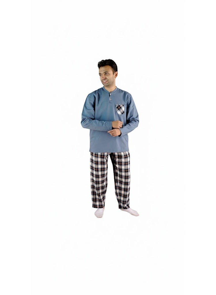 Jet Men Winter Pajama Set Long Sleeve & Carreau Bottom-Blue