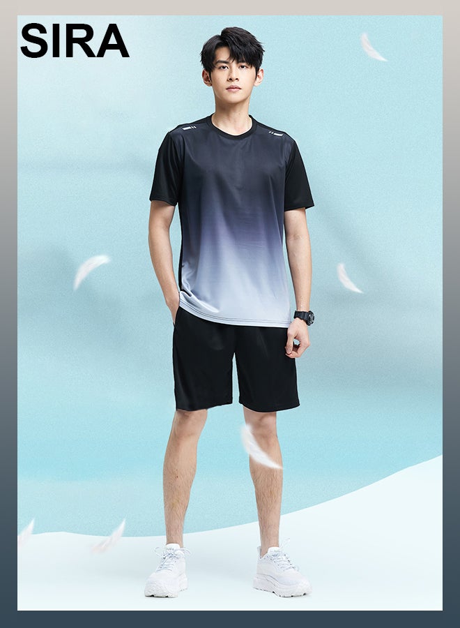 SIRA Men's 2-Piece Sports Set – Quick-Dry Short Sleeve T-Shirt & Shorts with Reflective Strips | Lightweight, Breathable & Stretchy for Gym, Running, Basketball | High Elasticity & Moisture-Wicking - Image 2