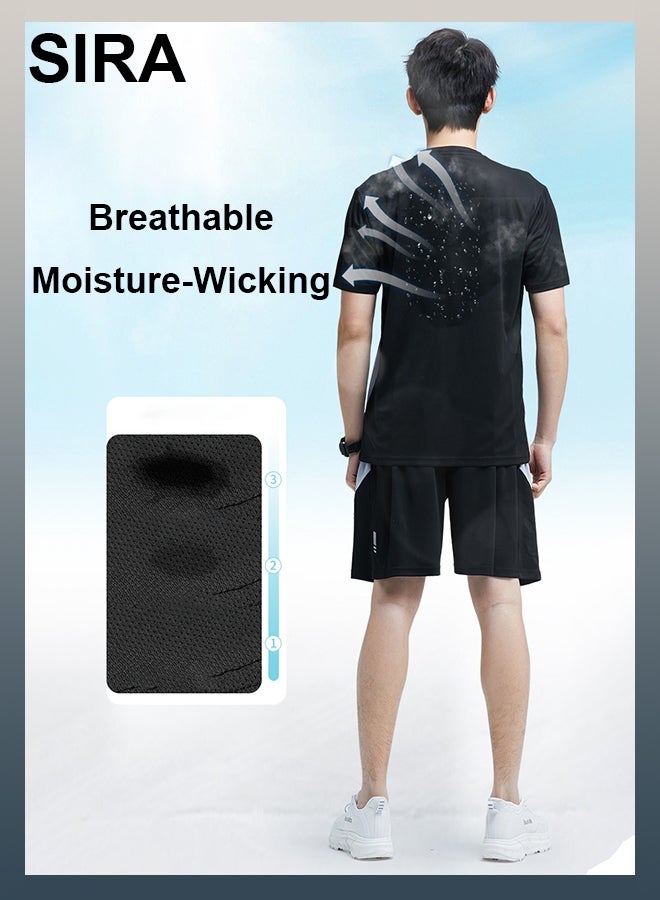 SIRA Men's 2-Piece Sports Set – Quick-Dry Short Sleeve T-Shirt & Shorts with Reflective Strips | Lightweight, Breathable & Stretchy for Gym, Running, Basketball | High Elasticity & Moisture-Wicking - Image 3