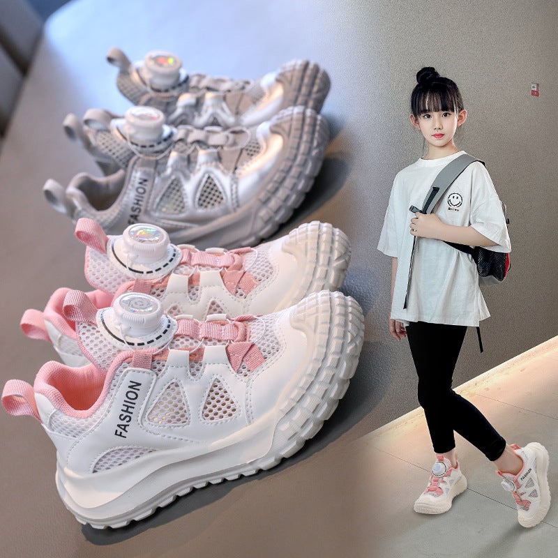 Button Children'S Shoes Single Net Breathable Boys And Girls Sneaker Hollow Mesh Large Children'S Running Shoes - Image 2