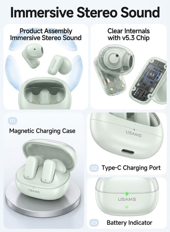 Usams Earphone Wireless Earbuds Headphones TWS Bluetooth 5.3 Semi In-Ear Stereo Sound 13mm Driver 5H Playtime Charging Case AirPods Style - Image 3
