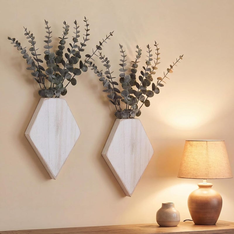Chunful 2 Pcs Wooden Wall Planter Decor Hanging Fake Plants Greenery Flowers Holder Vase Boxes for Wall Bohemian Farmhouse Room Kitchen Office Indoor Decoration(Retro White,7.1 x 4.7 x 1.2 Inches) - Image 1
