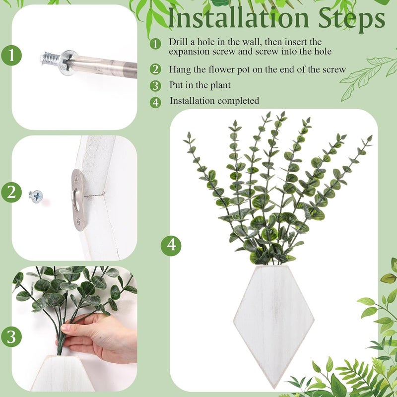Chunful 2 Pcs Wooden Wall Planter Decor Hanging Fake Plants Greenery Flowers Holder Vase Boxes for Wall Bohemian Farmhouse Room Kitchen Office Indoor Decoration(Retro White,7.1 x 4.7 x 1.2 Inches) - Image 3