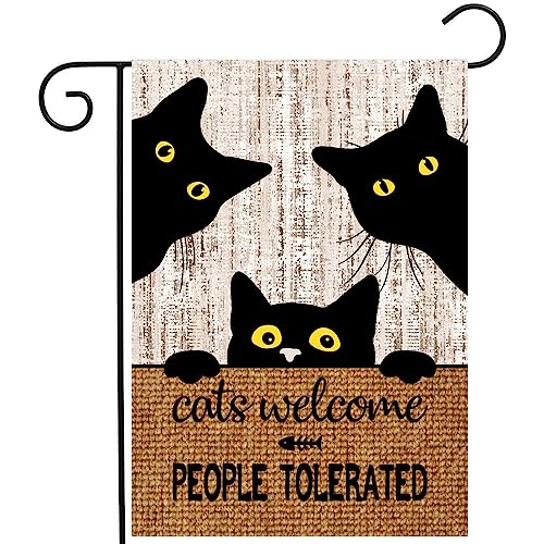 DZGlobal Black Cat Garden Flag Cats Welcome People Tolerated Sign Flag Halloween Banners for Outside 12 X 18 Double Sided Cat Lovers Gifts for Women - Image 1