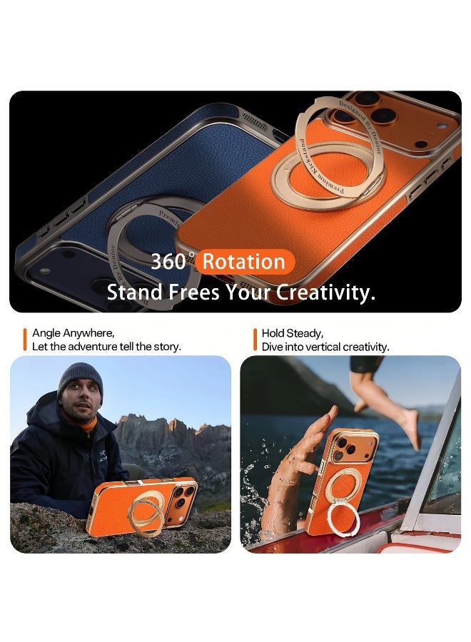 دينيور جراب ماج سيف لهاتف آيفون 17 برو ماكس، مع حامل مغناطيسي دوار 360 درجة، مصنوع من الجلد الأصلي مع حامل غير مرئي، مقاوم للصدمات والسقوط بالكامل، ومتوافق مع ملحقات هاتف آبل 17 برو ماكس -(أورانج) - Image 3