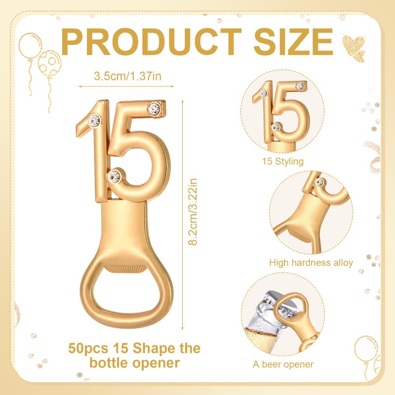 Wxzumg 50Pcs 15 Gold Bottle Openers For 15th Birthday Party Favor 15th Birthday Bottle Opener Set Gift For Girls Boys Wedding Anniversaries Souvenirs Favor Party QuinceaÃ±era Recuerdos - Image 2