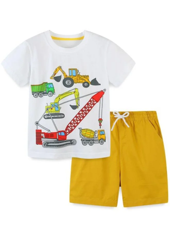 يونيكي White Crew Neck Short Sleeve Printed Tshirt & Shorts