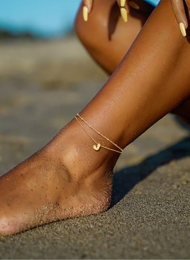 FOCALOOK Minimalist Letter I Anklet, 14K Gold Plated Anklet Bracelet with Initial Charm, Dainty Layer Ankle Chain for Women - Image 2