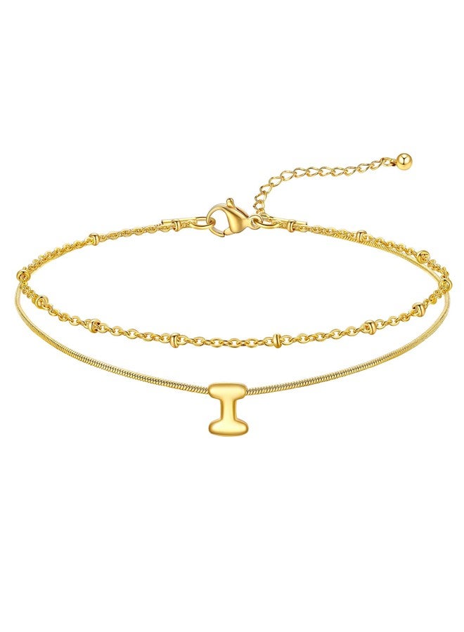 FOCALOOK Minimalist Letter I Anklet, 14K Gold Plated Anklet Bracelet with Initial Charm, Dainty Layer Ankle Chain for Women - Image 1