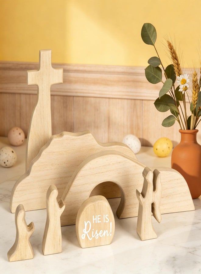 BTPIEL Empty Tomb Easter Scene and Cross Christian Decoration, Wooden Easter Jesus Resurrection Scene with Cross for Tray, Jesus Nativity Set for Religious Decorations, Home Office Mantel Christian Decor - Image 1