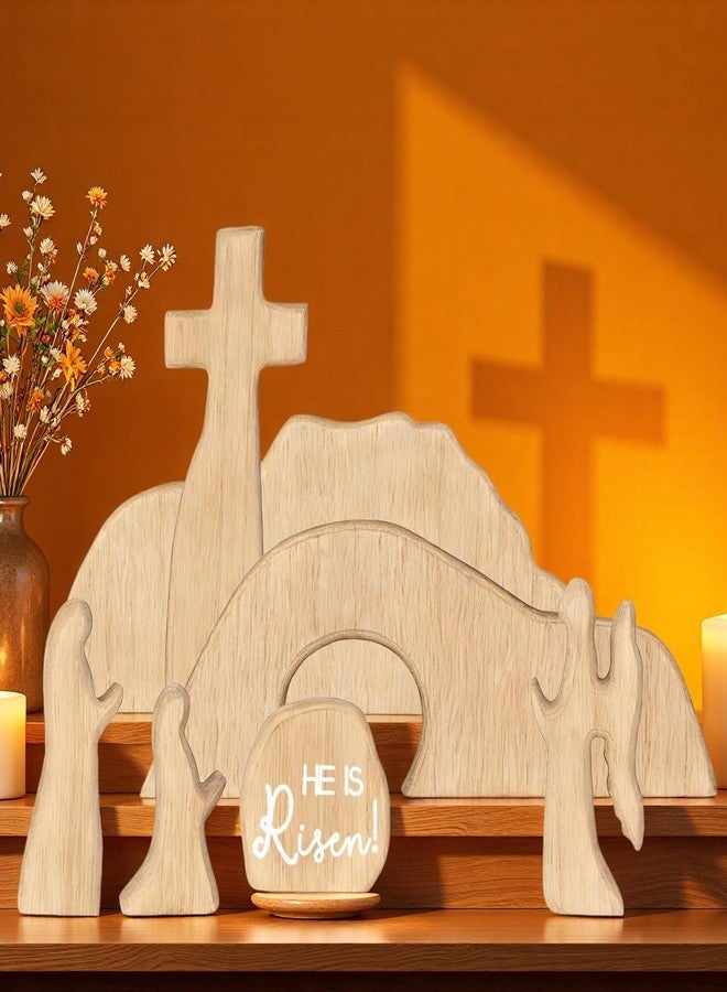 BTPIEL Empty Tomb Easter Scene and Cross Christian Decoration, Wooden Easter Jesus Resurrection Scene with Cross for Tray, Jesus Nativity Set for Religious Decorations, Home Office Mantel Christian Decor - Image 2