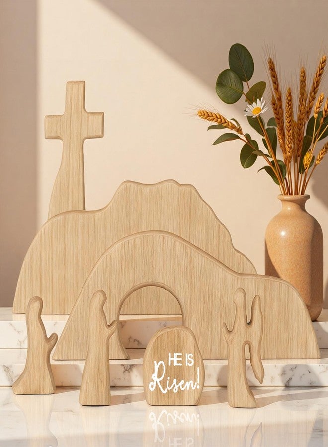 BTPIEL Empty Tomb Easter Scene and Cross Christian Decoration, Wooden Easter Jesus Resurrection Scene with Cross for Tray, Jesus Nativity Set for Religious Decorations, Home Office Mantel Christian Decor - Image 5
