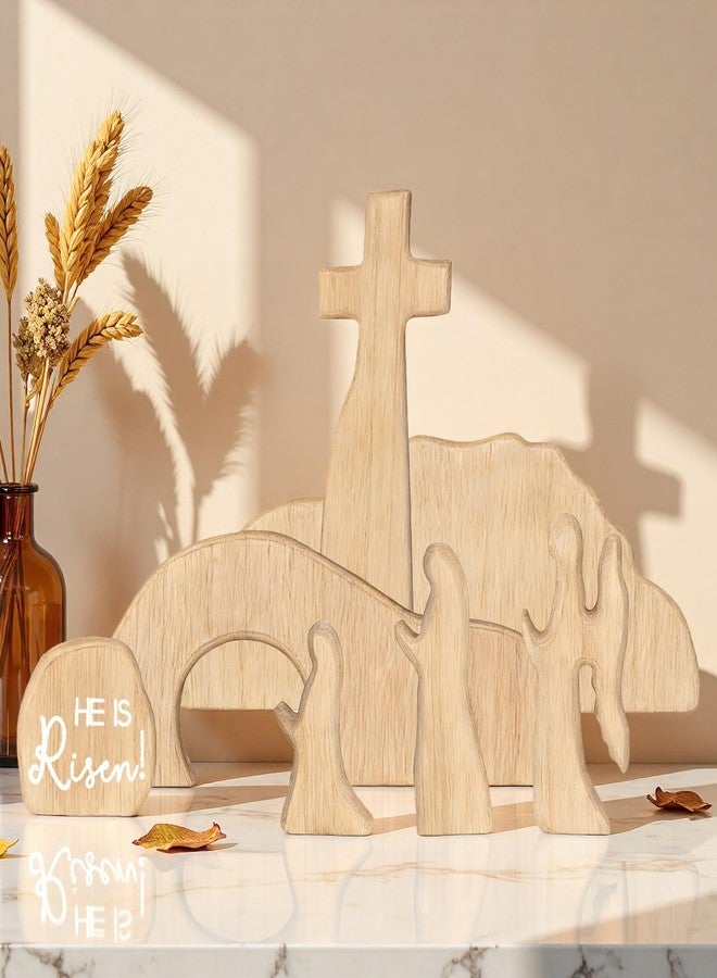 BTPIEL Empty Tomb Easter Scene and Cross Christian Decoration, Wooden Easter Jesus Resurrection Scene with Cross for Tray, Jesus Nativity Set for Religious Decorations, Home Office Mantel Christian Decor - Image 4