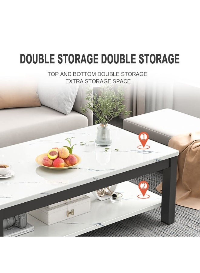 Generic Modern Coffee Table Rectangle Tea Table 2 Tier Sofa Side Table Marble Veneer Tabletop with Thick Steel Frame and Open Storage Shelf for Home Living Room and Office, H236C (White)  - Image 5