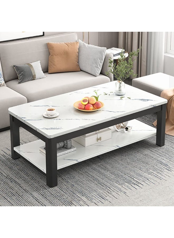 Generic Modern Coffee Table Rectangle Tea Table 2 Tier Sofa Side Table Marble Veneer Tabletop with Thick Steel Frame and Open Storage Shelf for Home Living Room and Office, H236C (White)  - Image 1