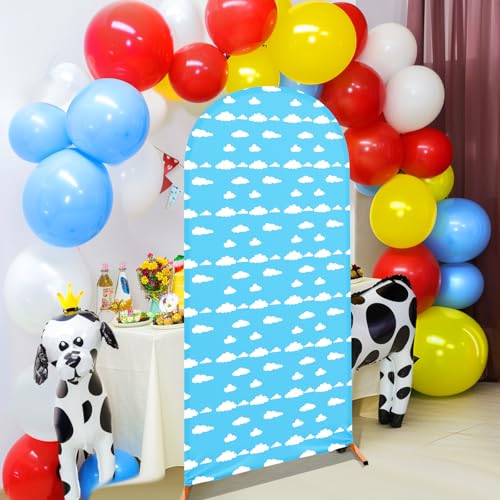 RimCereal 7.2 ft Cartoon Arch Backdrop Cover Blue Sky and White Clouds Arch Spandex Stretch Backdrop Stand Cover for Wedding Birthday Banquet Ceremony Decoration(White Cloud) - Image 5
