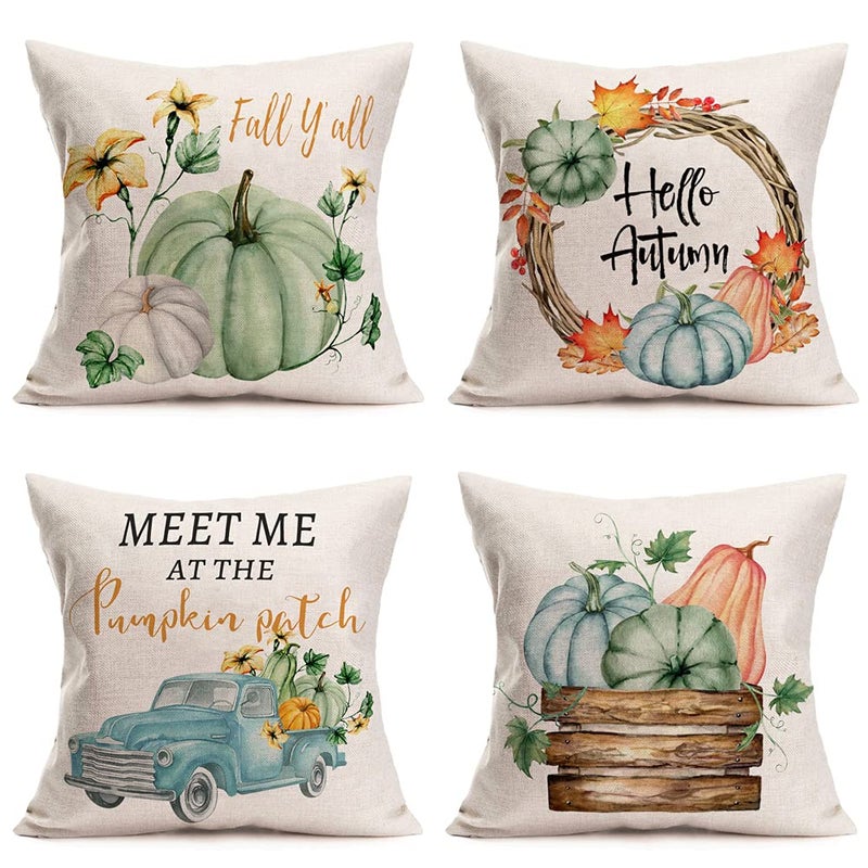 Fukeen Pumpkin Home Fall Decor Throw Pillow Covers 22x22 Inch Set of 4 Autumn Harvest Maple Leaf Flower with Blue Truck Rustic Farmhouse Decorations Pillow Cases Thanksgiving Cotton Linen