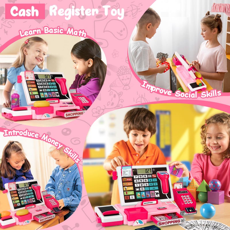 maysida Kids Cash Register Toy Playset, Toddler Prentend Play Store with Real Calculator Cash Register with Scanner/Credit Card/Play Money/Food, Learning Toys for Boys Girls Toddlers(Pink) - Image 5