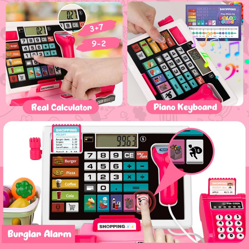 maysida Kids Cash Register Toy Playset, Toddler Prentend Play Store with Real Calculator Cash Register with Scanner/Credit Card/Play Money/Food, Learning Toys for Boys Girls Toddlers(Pink) - Image 2