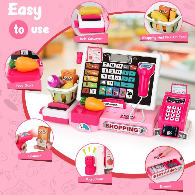 maysida Kids Cash Register Toy Playset, Toddler Prentend Play Store with Real Calculator Cash Register with Scanner/Credit Card/Play Money/Food, Learning Toys for Boys Girls Toddlers(Pink) - Image 3