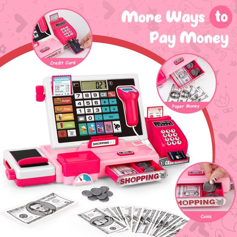 maysida Kids Cash Register Toy Playset, Toddler Prentend Play Store with Real Calculator Cash Register with Scanner/Credit Card/Play Money/Food, Learning Toys for Boys Girls Toddlers(Pink) - Image 4