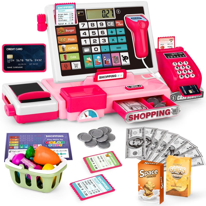 maysida Kids Cash Register Toy Playset, Toddler Prentend Play Store with Real Calculator Cash Register with Scanner/Credit Card/Play Money/Food, Learning Toys for Boys Girls Toddlers(Pink) - Image 1