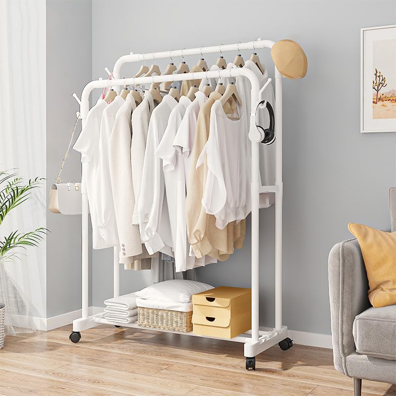 DWELLIT EasytoAssemble Clothes Rack for Bedroom Closet SpaceSaving portable wardrobe with hooks and Bottom Shelf for Shoes and Accessories 22mm baked paint tube frame WHITE Double rod with wheel L