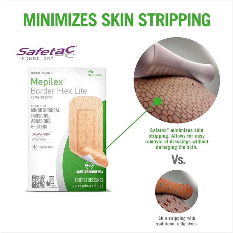Mepilex ضمادات ميبليكس بورد فليكس لايت 2 × 5 بوصة 5 × 125 سم من الدرجة الطبية للجروح الجراحية الطفيفة والخدوش والبثور للاستخدام لعدة أيام - Image 4