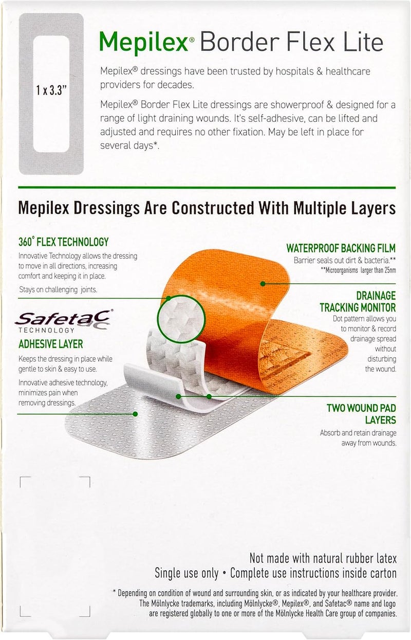 Mepilex ضمادات ميبليكس بورد فليكس لايت 2 × 5 بوصة 5 × 125 سم من الدرجة الطبية للجروح الجراحية الطفيفة والخدوش والبثور للاستخدام لعدة أيام - Image 2
