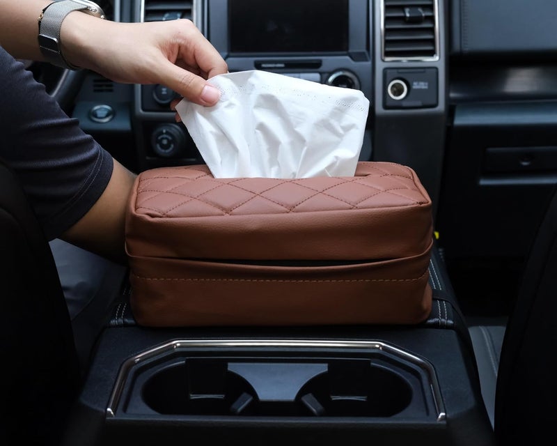 SENYAZON Car Standard Tissue Holder, 120 Tissues Box Cover for Car, Car Backseat Extra Large Tissue Organization fit for 120 Tissues per Box on Daily Use (Brown) - Image 2