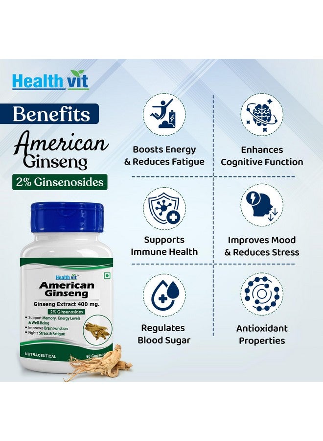HealthVit هيلث فيت جينسنغ أمريكي 400 ملغ (2% جينسنوسيدات) | يدعم وظيفة الدماغ، يعزز المناعة، الطاقة والذاكرة | نباتي وخالي من الغلوتين | 60 كبسولة - Image 2