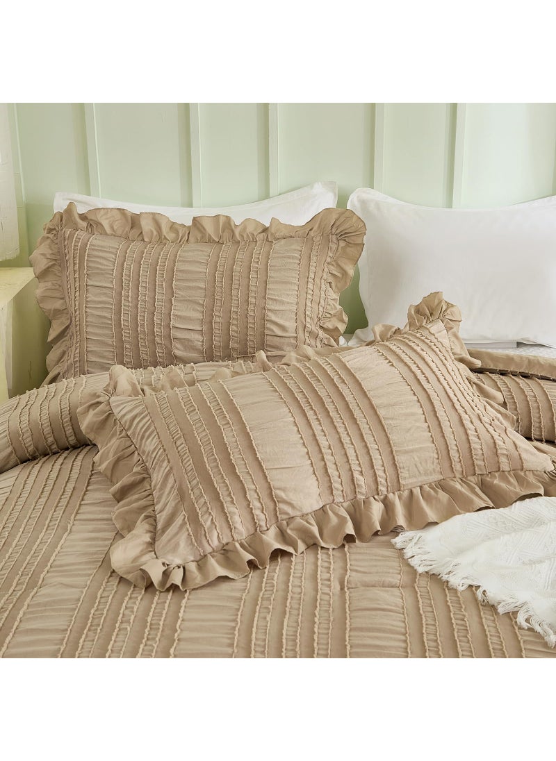 WONGS BEDDING WONGS BEDDING Khaki Comforter Set Queen 3 Pieces Ruffle Farmhouse Shabby Chic Comforter for Queen Bed Soft Seersucker Textured Boho Bedding Set with 1 Ruffle Comforter 2 Tufted Pillowcases 90""?90""  - Image 5