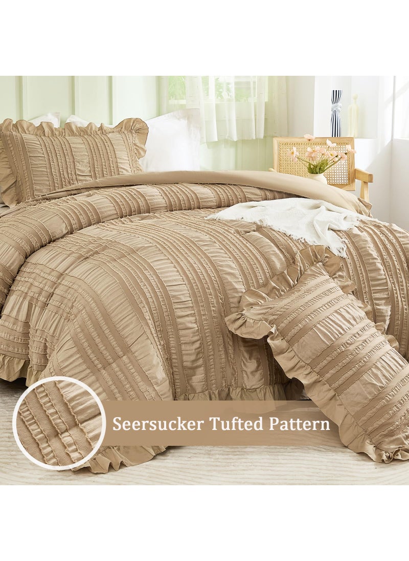 WONGS BEDDING WONGS BEDDING Khaki Comforter Set Queen 3 Pieces Ruffle Farmhouse Shabby Chic Comforter for Queen Bed Soft Seersucker Textured Boho Bedding Set with 1 Ruffle Comforter 2 Tufted Pillowcases 90""?90""  - Image 2