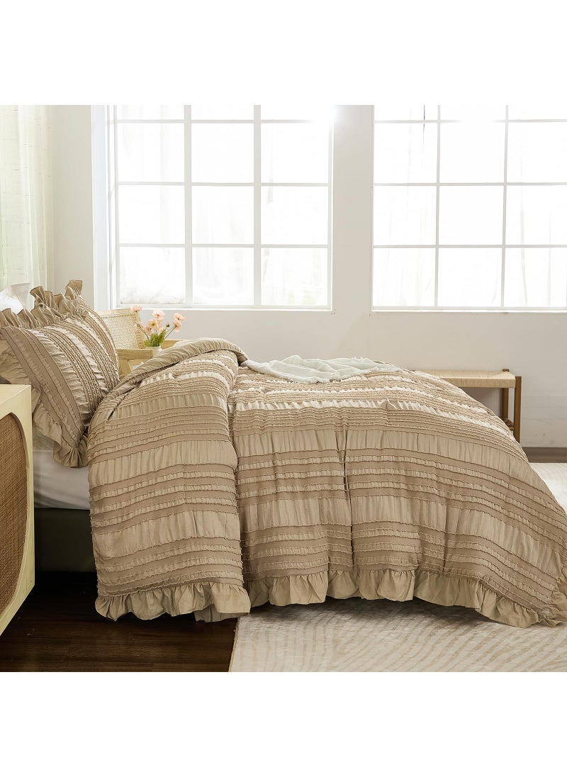 WONGS BEDDING WONGS BEDDING Khaki Comforter Set Queen 3 Pieces Ruffle Farmhouse Shabby Chic Comforter for Queen Bed Soft Seersucker Textured Boho Bedding Set with 1 Ruffle Comforter 2 Tufted Pillowcases 90""?90""  - Image 3