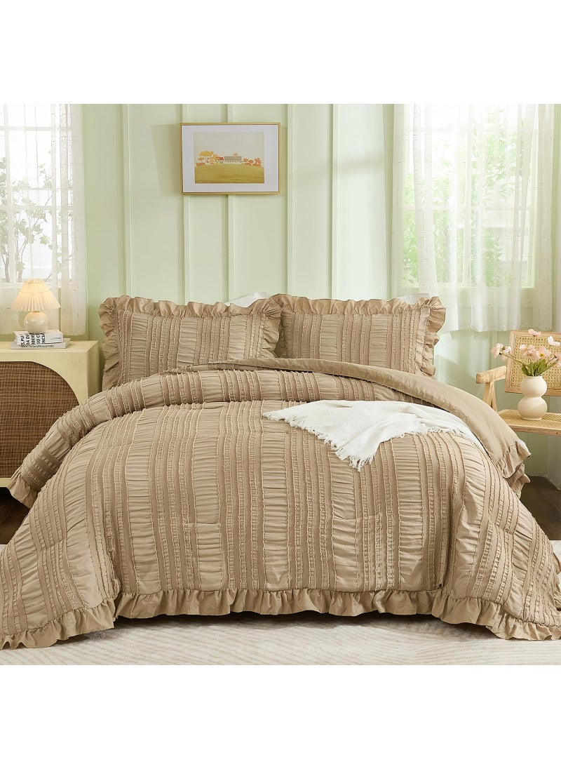 WONGS BEDDING WONGS BEDDING Khaki Comforter Set Queen 3 Pieces Ruffle Farmhouse Shabby Chic Comforter for Queen Bed Soft Seersucker Textured Boho Bedding Set with 1 Ruffle Comforter 2 Tufted Pillowcases 90""?90""  - Image 4