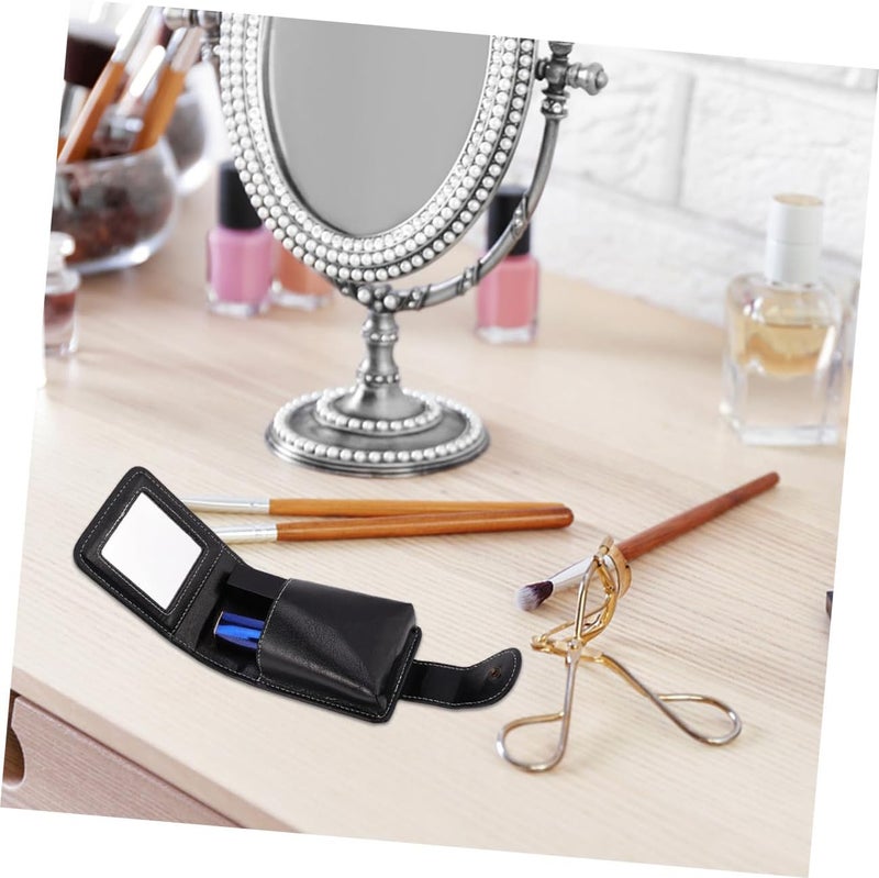 Pu Leather Lipsticks Pouch with Built-in Mirror, Small Lipsticks Carrying Case, Portable Lip Gloss Cosmetic Bag for Travel and Everyday Use (black) - Image 3
